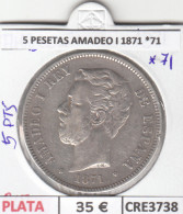 CRE3738 MONEDA ESPAÑA 5 PESETAS AMADEO I 1871 *71 PLATA MBC - Other & Unclassified