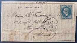 Ballon Monté " Dépeche Ballon N°10 " 30 NOV 1870 Par Le Jules Favre N°2  + Càd " PARIS / R.DENGHEIN " Pour Angoulème - War 1870