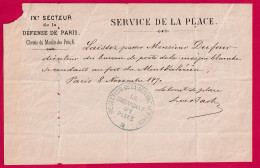 SIEGE DE PARIS LAISSER PASSE DU DIRECTEUR DES POSTES DE MAISON BLANCHE POUR MONT VALERIEN 8 11 1870 LE COMMANDANT DE PLA - War 1870