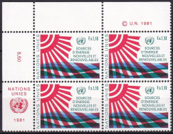 UNO GENF 1981 Mi-Nr. 100 Eckrand-Viererblocks ** MNH - Ungebraucht