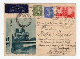 1937. FRANCE,AIRMAIL PARIS TO YUGOSLAVIA,SUBOTICA,STATUE ST, GENEVIEVE AT NOTRE-DAME,ILLUSTRATED STATIONERY CARD,USED - Cartes Postales Types Et TSC (avant 1995)