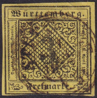 Wurttemberg 1851 Sc 2 Mi 2 Used Stuttgart Cancel Small Top Thin - Oblitérés