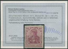 Deutsches Reich 1905/13 Germania Friedensdruck 92 I Mit Falz Geprüft Mit Befund - Ongebruikt