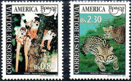 Bolivia 1993 UPAEP ** CEFIBOL1491-92  Fauna : Mono Amarillo (Saimiri  Sciureus). Ocelote (Leopardus Pardalis). - Bolivia