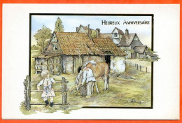 CP Heureux Anniversaire Ferme Enfant Paysan Cheval Carte Vierge TBE - Birthday