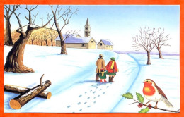 Carte Joyeux Noel Et Bonne Année Village Neige Parents Enfant Sur Chemin Carte Vierge TBE - Autres & Non Classés