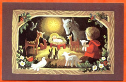 Carte Joyeux Noel Creche Moutons Oiseaux Ane Lapins Carte Vierge TBE - Other & Unclassified