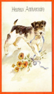 CP Anniversaire Chien Fleurs Illustrateur N° 1  Carte Vierge TBE - Chiens