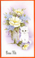 CP Bonne Fete Chat Fleurs Carte Vierge TBE - Chats