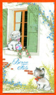 Carte Bonne Fete Chat 2 Chats Fenetre Ballon Carte Vierge TBE - Chats