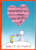 CP HAPPY BIRTHDAY Chat Oiseau Musique Coeur Carte Vierge TBE - Andere & Zonder Classificatie