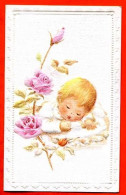 Carte Avis De Naissance Faire Part Bébé Lit Fleurs Roses Carte Vierge TBE - Birth