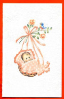 Carte Avis De Naissance Faire Part Bébé Couffin Fleurs Roses Oiseau Orange Carte Vierge TBE - Naissance