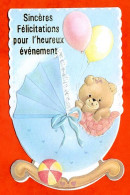 Carte Naissance Sincères Félicitations Pour L'heureux Evènement Bébé Landau Ballons Peluche Carte Vierge TBE - Geboorte
