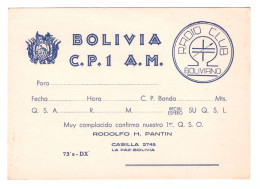 BOLIVIA C. P. 1 A. M. // RADIO CLUB BOLIVIANO // RODOLFO H. PANTIN // TARJETA QSL - Radio-amateur