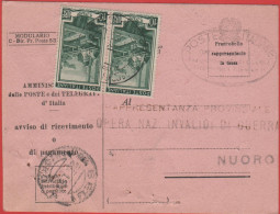 ITALIA - Storia Postale Repubblica - 1951 - 2x 10 Italia Al Lavoro - Avviso Di Ricevimento - Viaggiata Da Seui Per Nuoro - 1946-60: Poststempel