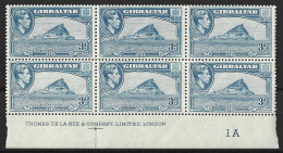 GIBRALTAR...L313L314.KING GEORGE VI...(1936-52..)...3d X IMPRINT BLOCK OF 6.....P13.....2 BENDS.....3 X MH......3 X MNH. - Gibilterra