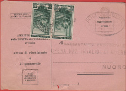 ITALIA - Storia Postale Repubblica - 1951 - 2x 10 Italia Al Lavoro - Avviso Di Ricevimento - Viaggiata Da Nuoro Per Nuor - 1946-60: Poststempel
