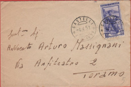 ITALIA - Storia Postale Repubblica - 1951 - 20 Italia Al Lavoro (isolato) - Lettera - Viaggiata Da Castelli Per Teramo - 1946-60: Poststempel