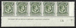 GIBRALTAR...KING GEORGE VI..(1936-52..)....HALFd X IMPRINT, STRIP OF 5.....2 X MH.....3 X MNH.... - Gibraltar