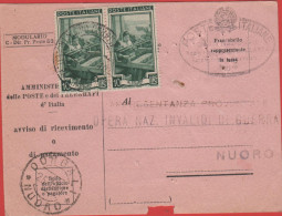 ITALIA - Storia Postale Repubblica - 1951 - 2x 10 Italia Al Lavoro - Avviso Di Ricevimento - Viaggiata Da Dorgali Per Nu - 1946-60: Marcophilia