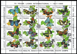 GUYANA(1991) Butterflies. Pane Of 16, Overprinted (Lions, Scouts, Rotary, Red Cross) In Black. Scott No 2423. - Guyana (1966-...)