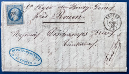 Lettre Napoleon Présidence N°10 25c Bleu Oblitéré PC 3432 + Dateur T15 " TROYES " Pour St Leger Du Bourg Denis - 1852 Louis-Napoleon