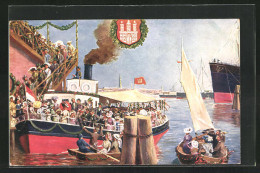 AK Hamburg, 16. Deutsches Bundesschiessen 1909, Gäste Bei Der Hafenrundfahrt, Wappen  - Caccia