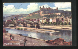 Künstler-AK Würzburg, Panorama Mit Festung  - Würzburg