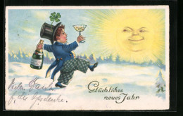 AK Neujahresgruss Mit Champagner Trinkendem Kobold, Der Der Sonne Entgegentorkelt  - Sonstige & Ohne Zuordnung