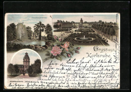 Lithographie Karlsruhe, Schlossthurm, Schlossgartensee  - Karlsruhe