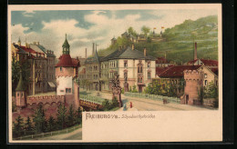 Lithographie Freiburg I. B., Strassenpartie An Der Schwabenthorbrücke  - Freiburg I. Br.