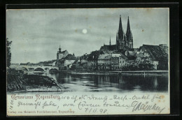 Mondschein-AK Regensburg, Blick Auf Brücke Und Stadt  - Regensburg