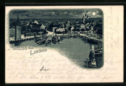 Lithographie Lindau, Teilansicht Mit Dampfern Bei Mondschein  - Lindau A. Bodensee