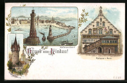 Lithographie Lindau, Rathaus V. Nord, Diebsturm, Hafeneinfahrt Mit Leuchtturm Und Dampfer  - Lindau A. Bodensee