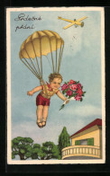 Künstler-AK Fallschirmspringendes Kind Mit Rosenstrauss  - Parachutting