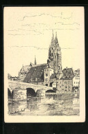 Künstler-AK Regensburg, Blick Von Der Donau Zum Dom  - Regensburg