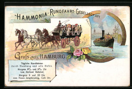 Lithographie Hamburg, Hammonia-Rundfahrt-Gesellschaft, Pferdekutsche  - Mitte