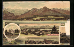 Lithographie Tutzing, Teilansicht, Schloss Berg, Bergpanorama Mit Kesselberg, Herzgostand Und Heimgarten  - Tutzing