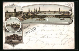 Vorläufer-Lithographie Hamburg, 1895, Haupt-Postgebäude, Börse, Lombardsbrücke  - Mitte