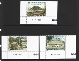 French Polynesia 1988 Traditional Housing Set Of 3 Marginal With Inscriptions MNH - Nuevos