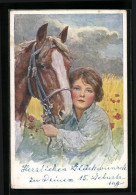 Künstler-AK Karl Feiertag: Mädchen Mit Pferd Auf Den Feldern  - Feiertag, Karl