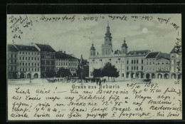 Mondschein-AK Budweis, Grosser Platz Mit Denkmalbrunnen Und Häusern  - Tchéquie