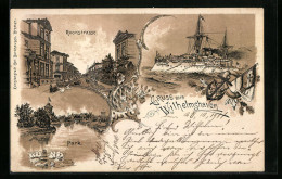 Lithographie Wilhelmshaven, Roonstrasse, Parkanlagen, Kriegsschiff Der Kaiserlichen Marine  - Wilhelmshaven