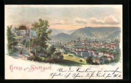 Lithographie Stuttgart, Panorama Mit Aufgehender Sonne  - Stuttgart