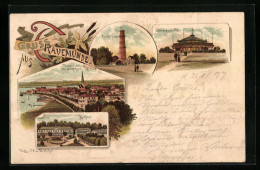 Lithographie Travemünde, Leuchtturm, Strandpavillon, Kurhaus  - Lübeck-Travemünde