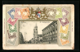 AK München, St. Ludwigskirche Mit Verschiedenen Bayerischen Briefmarken  - Briefmarken (Abbildungen)