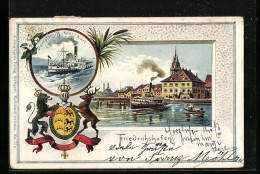 Passepartout-Lithographie Friedrichshafen, Panorama Vom Hafen, Dampfer König Karl, Wappen  - Other & Unclassified
