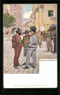 Artista-Cartolina Meran, Männer In Tracht Und Soldat Auf Dem Pfarrplatz  - Otros & Sin Clasificación