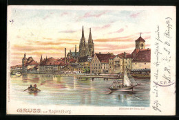 Lithographie Regensburg, Blick Von Der Donau Aus, Segelboot  - Regensburg